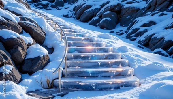 Fototapeta high quality, photorealistic rendering of icy stairs, high detail, shimmering effects, luminous icy colors