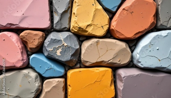 Fototapeta high quality, high contrast graphic of simplified stones with bold pastel color blocks, emphasizing shapes and minimal detail.
