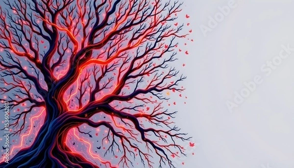 Fototapeta high quality, abstract intricate intertwined wood branches with neon tones, subject on left with copy space on right.
