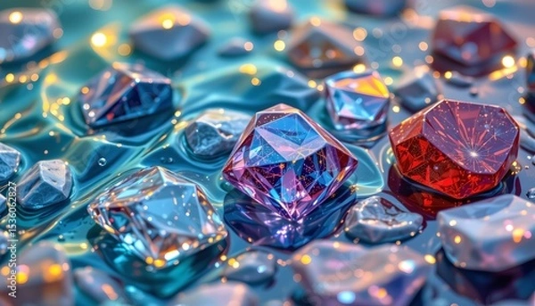 Fototapeta high quality, abstract geometric interpretation of sparkling stones with water effects, vivid colors, minimal shapes