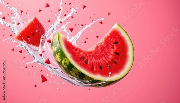 Fototapeta high quality, juicy watermelon slices soar through the air, splashing water against a vibrant pink backdrop, subject on the right with clear copy space on the left under high noon.