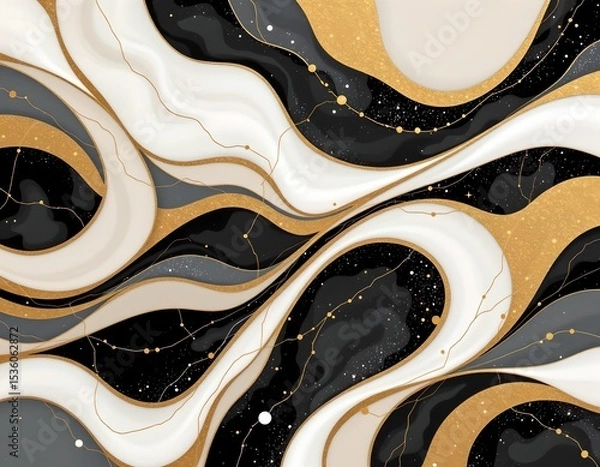 Fototapeta high quality, watercolor style of a mosaic with flowing shapes in black, white, and gold, gentle brushstrokes, muted tones.