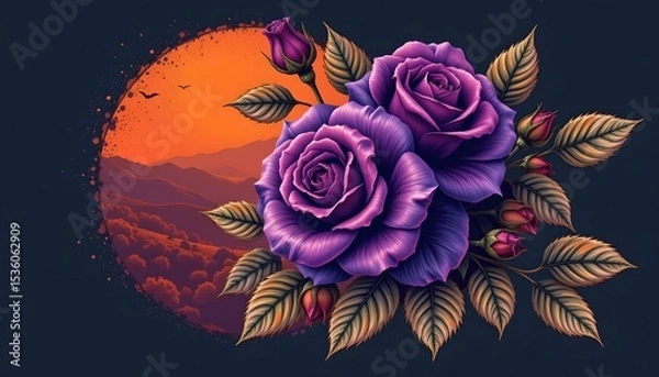 Fototapeta high quality, hand drawn vintage deep violet rose bouquet on dark background, subject on left, sunset orange tones, ample copy space on right.
