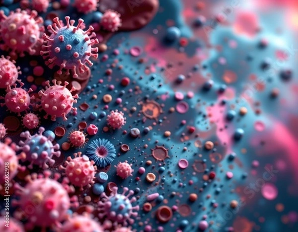 Obraz high quality, macro shot of various microbes   virus cells and bacteria   on abstract background, position subject on the left side with ample copy space on the right.