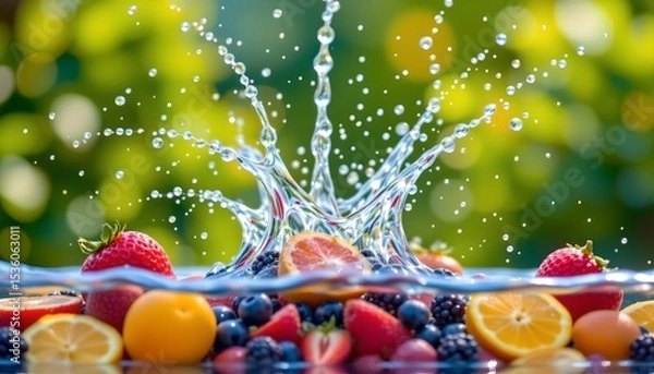 Fototapeta high quality, fresh fruits splash into water from above, creating a vibrant burst, place subject at the bottom with ample copy space at the top for photos.