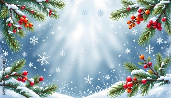 Fototapeta high quality, winter watercolor background with pine twigs, snowflakes, and berries, subject positioned at the bottom, leaving clear copy space at the top for text.