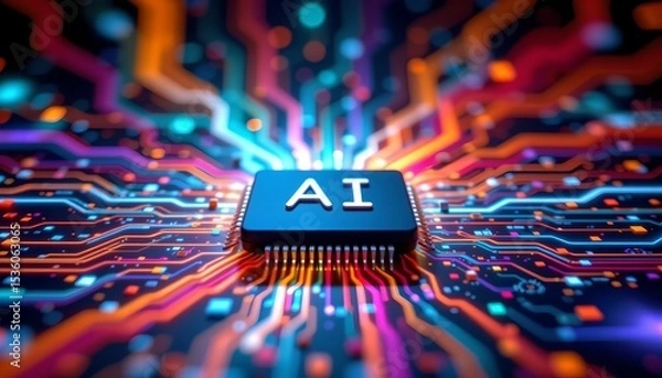 Fototapeta high quality, position the ai word on a microchip at the top of the image with colorful light spreading and a strong beam below