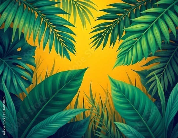 Fototapeta high quality, minimalist digital artwork of tropical leaves and grass stripes in vibrant green and yellow tones.