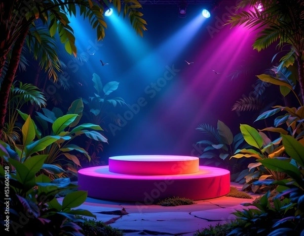 Fototapeta high quality, colorful neon podium in tropical jungle at night, subject on right under floodlights, with clear copy space on left.
