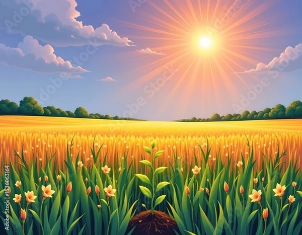 Fototapeta high quality, illustration of a plant in a field at the bottom of the frame, with bright sunbeam shining down from the top