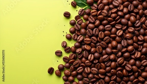 Fototapeta high quality, minimalist art of fresh premium roasted arabica coffee beans background, subject positioned on the left with vibrant lime tones
