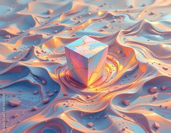 Fototapeta high quality, impressionist digital painting of a floating cube surrounded by fluid, glowing waves, soft pastel hues.