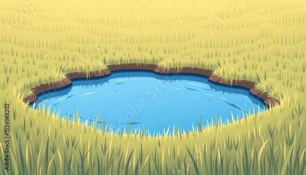 Fototapeta high quality, minimalist digital illustration of a grassy field with a reflective water patch, soft pastel tones, and simplified shapes.