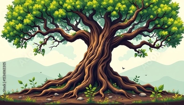 Fototapeta high quality, abstract digital illustration of a twisted, ancient tree with expansive roots, flat style with lush green tones.