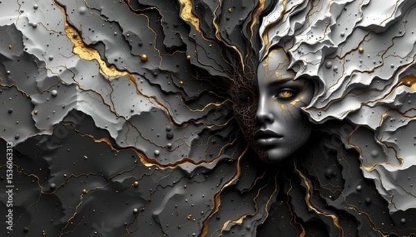 Fototapeta high quality, puter generated abstract intensity map in black and white, subject positioned on the right side, under golden reflections, with clear copy space on the left