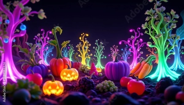 Fototapeta high quality, a futuristic, neon lit scene with glowing vegetables set against a dark background.