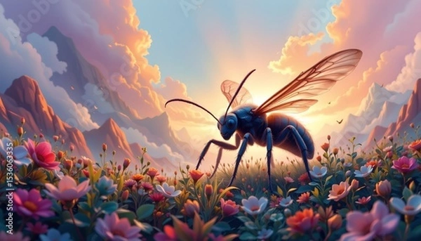 Fototapeta high quality, a soft watercolor scene with luminous hues capturing the surreal environment and the giant insect.