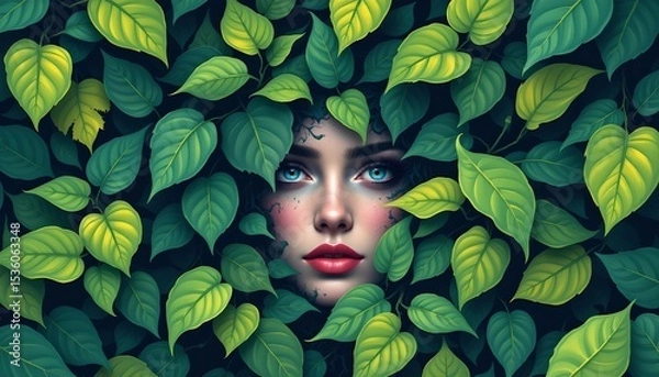 Fototapeta high quality, abstract digital illustration of a face emerging from dense green foliage, flat style with subtle textures.