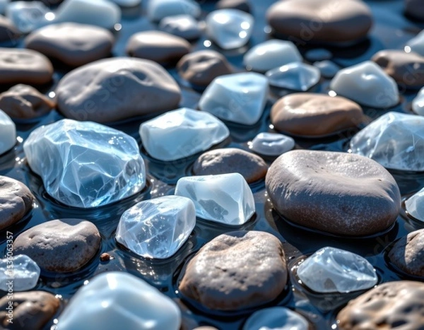 Fototapeta high quality, modern digital art of icy stones with subtle water effects, bright and vibrant shades, simple composition