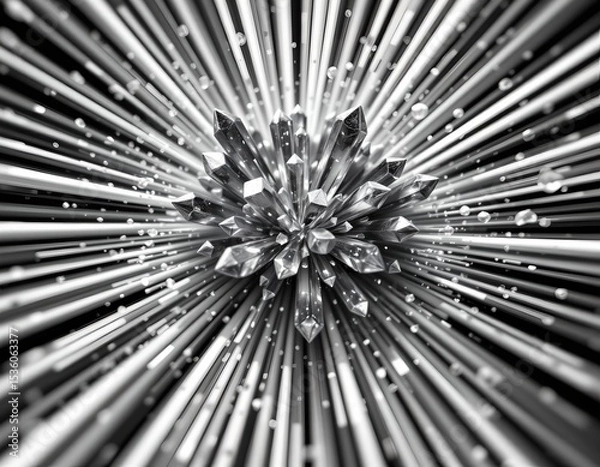 Fototapeta high quality, a stunning black and white macro shot of crystals with abstract rays, position subject at the top with clear copy space at the bottom.