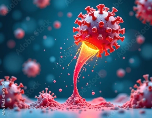Fototapeta high quality, digital 3d illustration of flu virus attacking, subject positioned at the top with clear copy space at the bottom for photos.