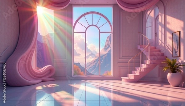 Fototapeta high quality, surreal digital scene with a vast window and exaggerated light rays, dreamy pastel hues.