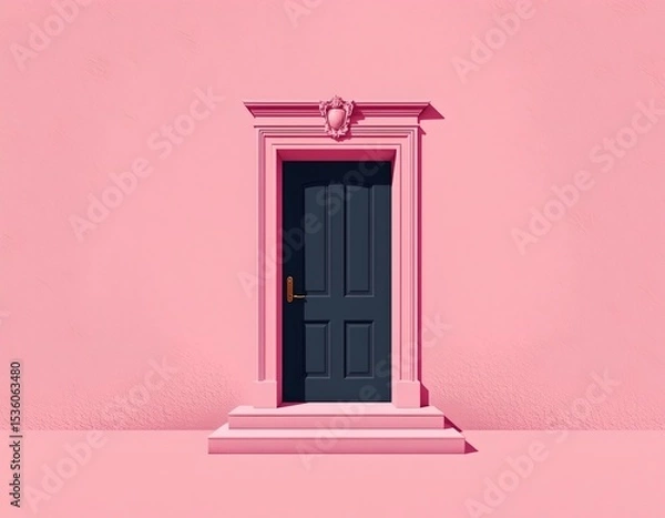 Fototapeta high quality, graphic interpretation featuring a dark door in a softly graded pink background with minimal architectural details.