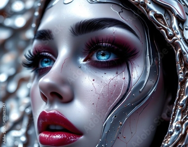 Fototapeta high quality, a surreal, high contrast illustration emphasizing metallic reflections and intricate surface details.