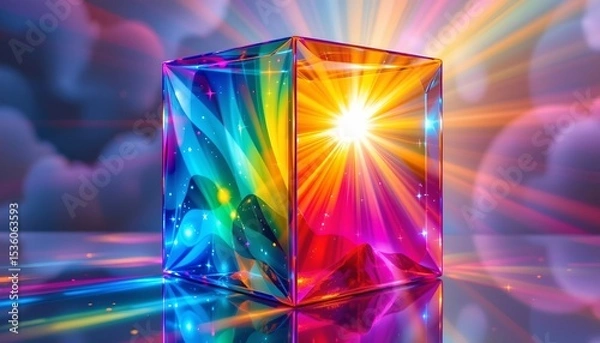 Fototapeta high quality, a vibrant, colorful glass cube with interior light rays, in an abstract and dreamy art style.