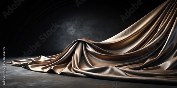 Obraz Luxurious bronze fabric draped elegantly on a dark surface, creating a dramatic and sophisticated backdrop for product display or artistic composition.