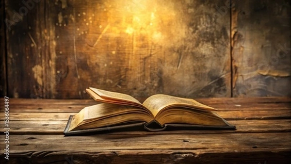 Obraz An aged tome rests open upon a rustic wooden surface, bathed in warm, inviting light