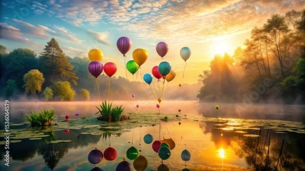 Obraz Colorful Balloons Floating Over Serene Lake at Sunrise Reflecting in Calm Water