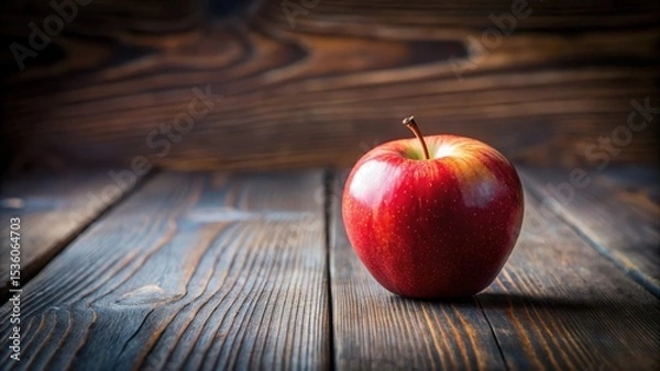 Obraz A single ripe red apple rests on a rustic wooden surface, bathed in warm, inviting light, creating a simple yet elegant still life scene.