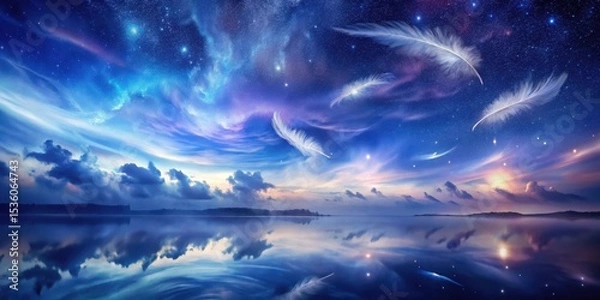 Obraz Serene Twilight  Feathers Drifting Across a Starry Sky Reflected in a Tranquil Lake