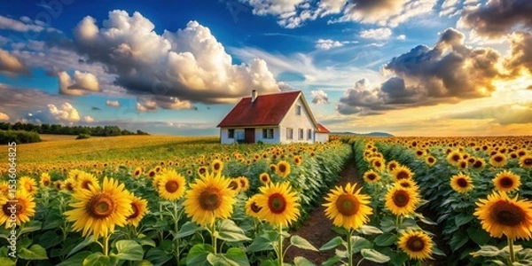 Obraz Serene sunset view of a charming house nestled amidst a vibrant sunflower field, bathed in the warm golden light of the evening sky