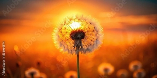 Obraz Serene Sunset Silhouette of a Dandelion Seed Head in a Field of Blossoms