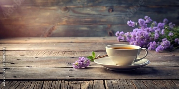 Obraz Aromatic Tea Break Tranquil Moment with Blooming Purple Flowers on Rustic Wooden Table