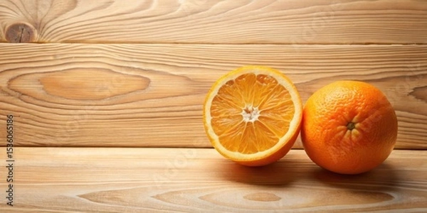 Obraz A halved orange and a whole orange rest on a light brown wooden surface, offering a vibrant contrast against the natural wood grain