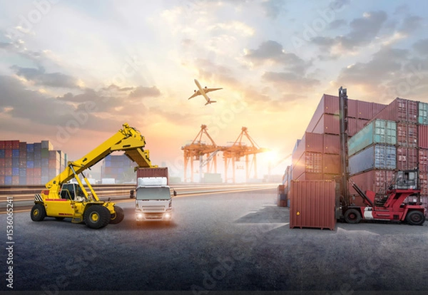 Fototapeta forklift handling container box loading to truck in import export logistic, Business logistics concept