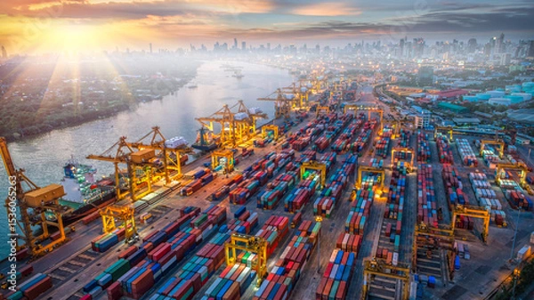 Fototapeta Logistics and transportation of Container Cargo ship and Cargo plane with working crane bridge in shipyard at sunrise, logistic import export and transport industry background