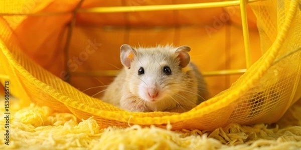 Obraz A small rodent in a yellow hammock inside its cage, surrounded by soft yellow bedding
