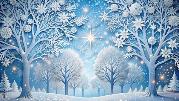 Obraz Winter Wonderland A Serene Snowy Forest Scene with Glimmering Lights and Intricate Frost-Covered Trees