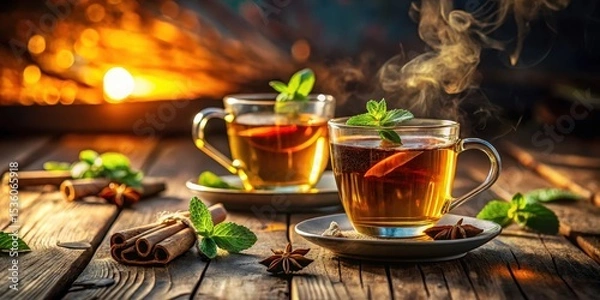 Obraz Warm Aromatic Herbal Tea Infusion with Cinnamon and Mint on Rustic Wood