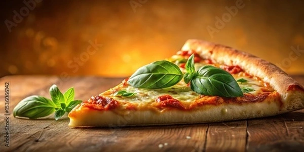 Obraz Aromatic Slice of Melted Cheese Pizza with Fresh Basil on Rustic Wooden Table