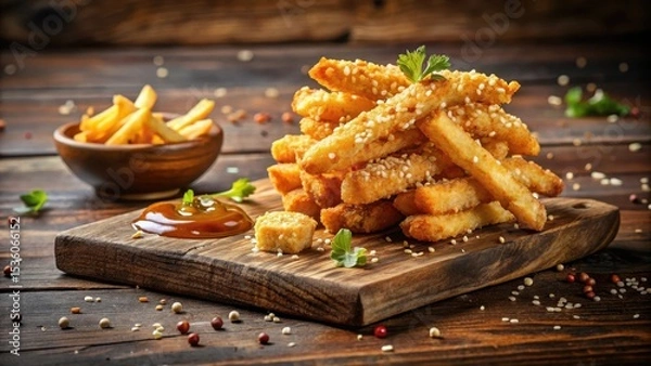 Obraz Aromatic Sesame-Crusted Fried Potato Sticks Served with Dipping Sauce and Side of French Fries on Rustic Wooden Board