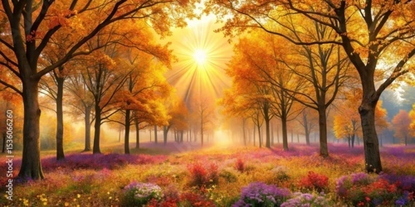 Obraz Autumnal Glory Sunbeams Illuminate a Golden Forest Meadow with Vibrant Wildflowers