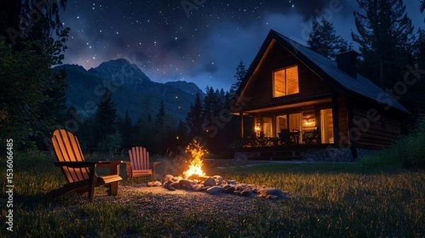 Fototapeta Cozy cabin retreat with a crackling fire under a starry night sky in the mountains