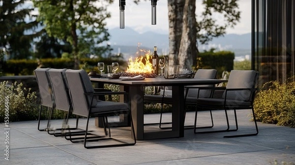 Fototapeta Outdoor dining set with fire pit on a patio in a modern house with natural environment view
