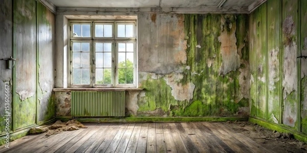 Obraz A Forgotten Room  Sunlight Illuminates a Derelict Interior with Peeling Walls and Mossy Growth on the Woodwork and Floor