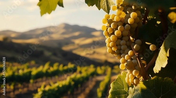Fototapeta Ripe Grapes on the Vine in Vineyard with Mountains in the background at sunset